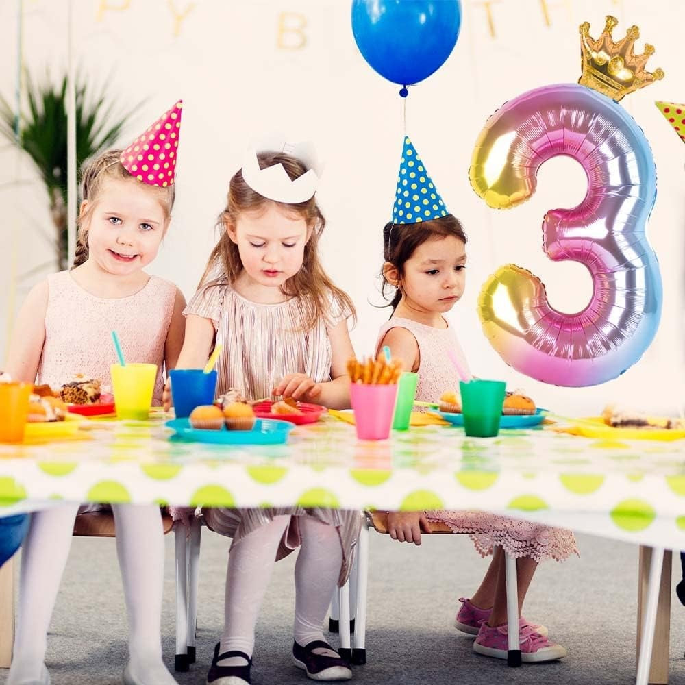 Balon Cifra 3 Aniversar, Figurina cu Coronita, Efect Gradient, Folie Metalizata, Umflare Aer sau Heliu, 80 cm, Multicolor