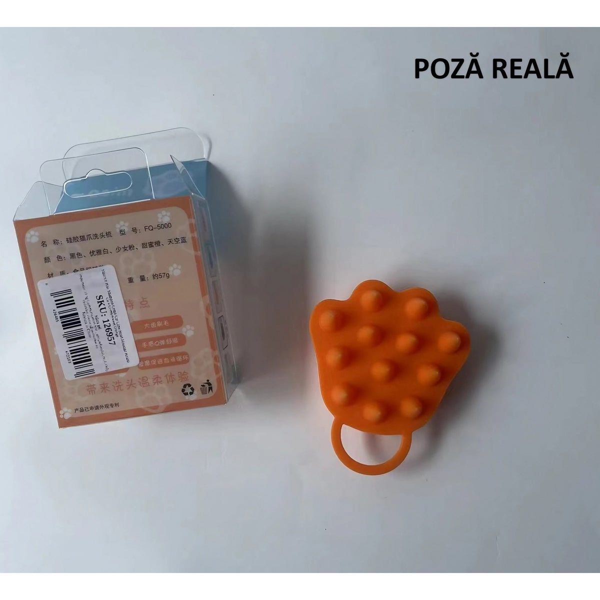 Perie pentru Masajul Scalpului si Aplicare Sampon, Stimulare Cresterea Parului si Exfoliere, Silicon si Plastic, Design Labuta de Pisica, 7x8 cm, Portocaliu