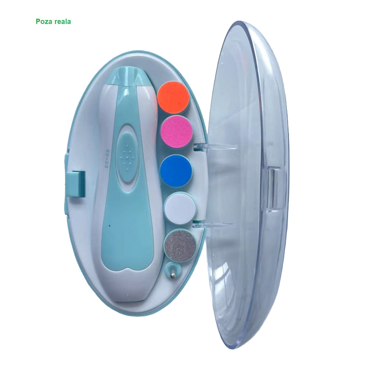 Pila Electrica Unghii Bebelusi si Copii, Motor Silentios 36 dB, Lumina LED, 4 Trepte de Viteza, 6 Capete Interschimbabile, 0-3 Ani, Albastru