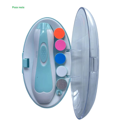 Pila Electrica Unghii Bebelusi si Copii, Motor Silentios 36 dB, Lumina LED, 4 Trepte de Viteza, 6 Capete Interschimbabile, 0-3 Ani, Albastru