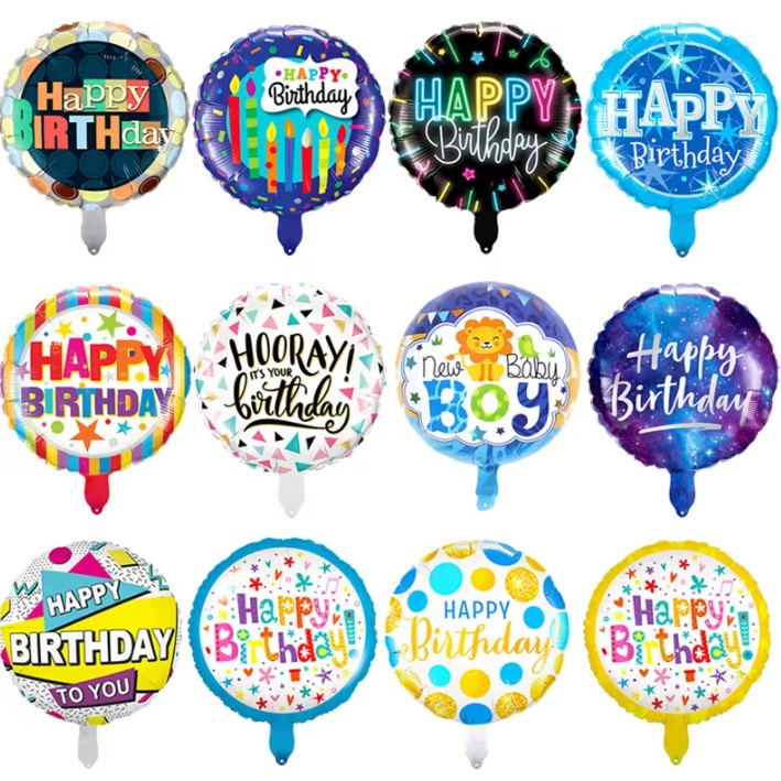 Balon Aniversar din Folie Metalizata, Model Rotund Happy Birthday Cer Instelat, Umflare Aer sau Heliu, Pai Inclus, 45 cm, Multicolor