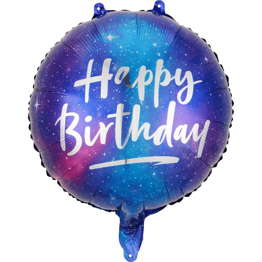 Balon Aniversar din Folie Metalizata, Model Rotund Happy Birthday Cer Instelat, Umflare Aer sau Heliu, Pai Inclus, 45 cm, Multicolor