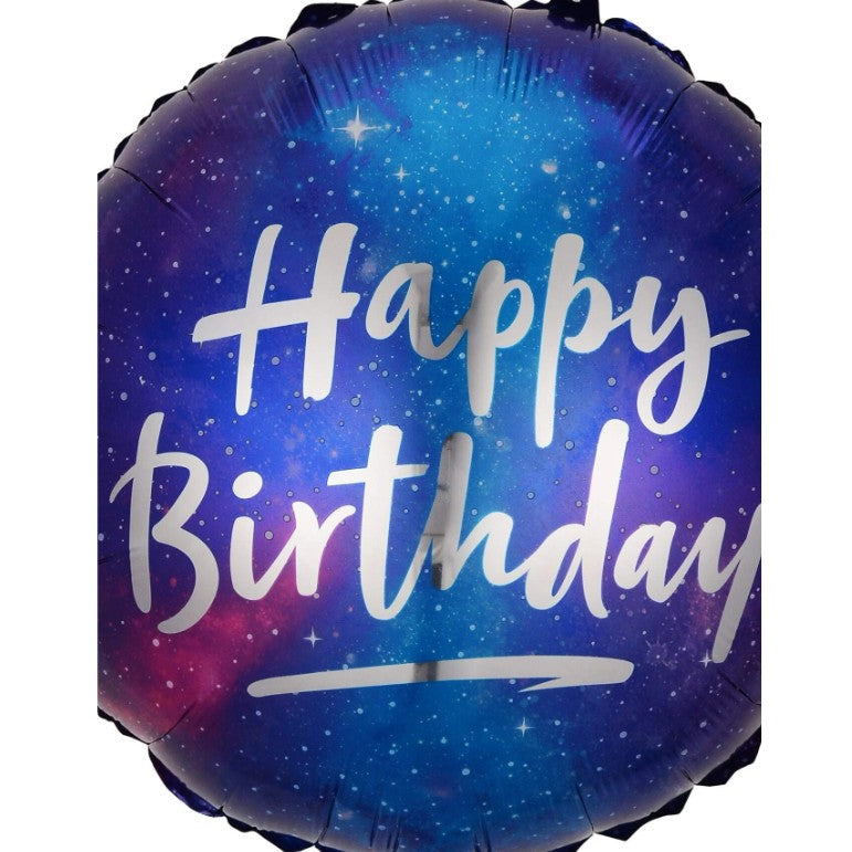 Balon Aniversar din Folie Metalizata, Model Rotund Happy Birthday Cer Instelat, Umflare Aer sau Heliu, Pai Inclus, 45 cm, Multicolor