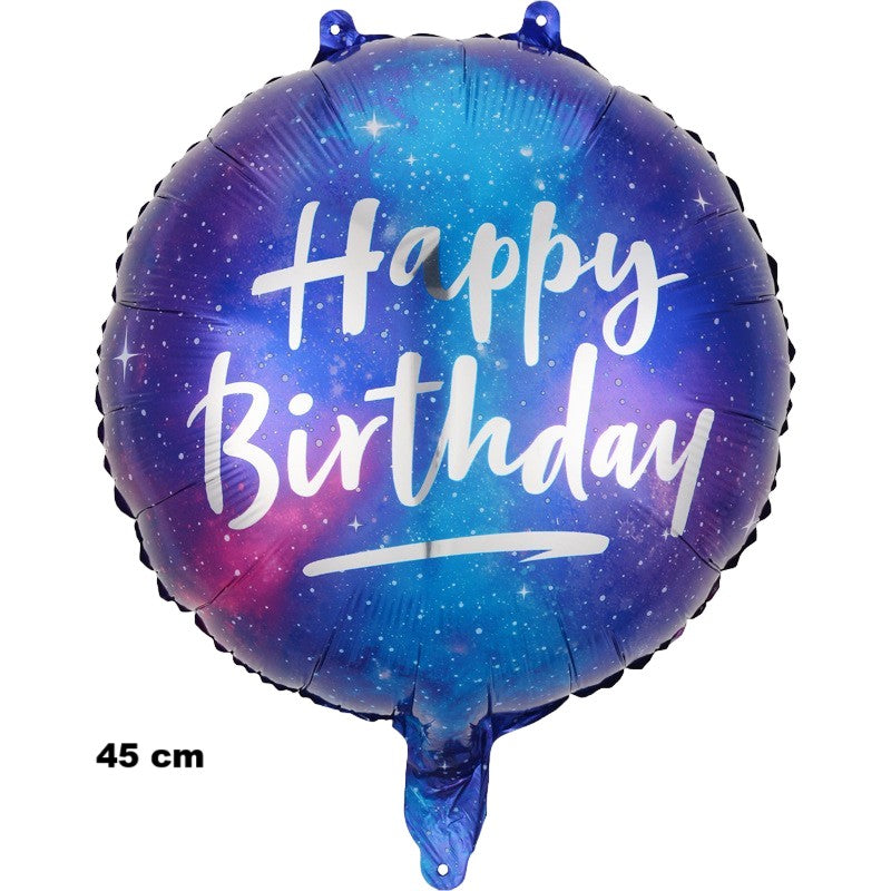 Balon Aniversar din Folie Metalizata, Model Rotund Happy Birthday Cer Instelat, Umflare Aer sau Heliu, Pai Inclus, 45 cm, Multicolor
