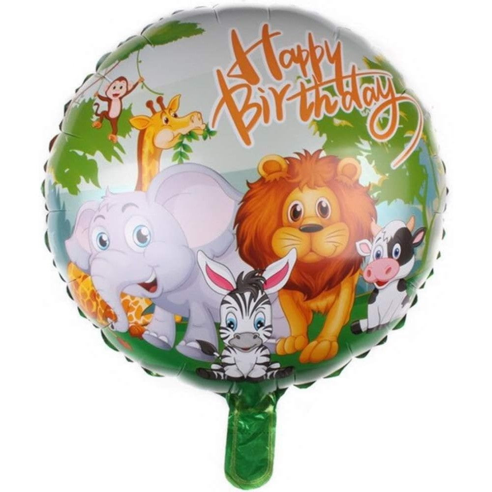 Balon Aniversar Happy Birthday, Figurina Rotunda cu Model Animalute, Folie Metalizata, Umflare Aer sau Heliu, include Pai, 45 cm, Multicolor