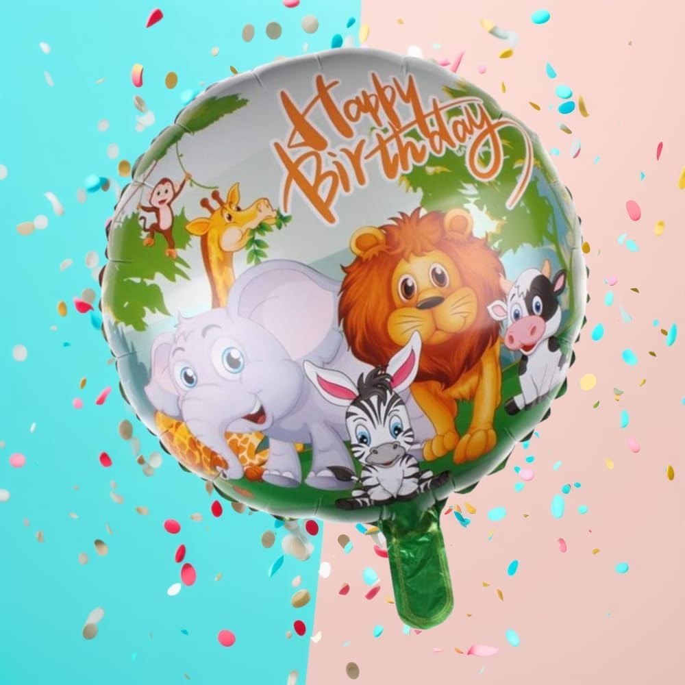Balon Aniversar Happy Birthday, Figurina Rotunda cu Model Animalute, Folie Metalizata, Umflare Aer sau Heliu, include Pai, 45 cm, Multicolor