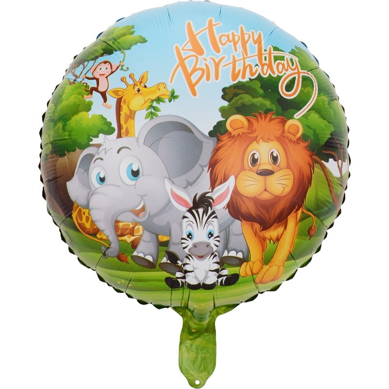 Balon Aniversar Happy Birthday, Figurina Rotunda cu Model Animalute, Folie Metalizata, Umflare Aer sau Heliu, include Pai, 45 cm, Multicolor