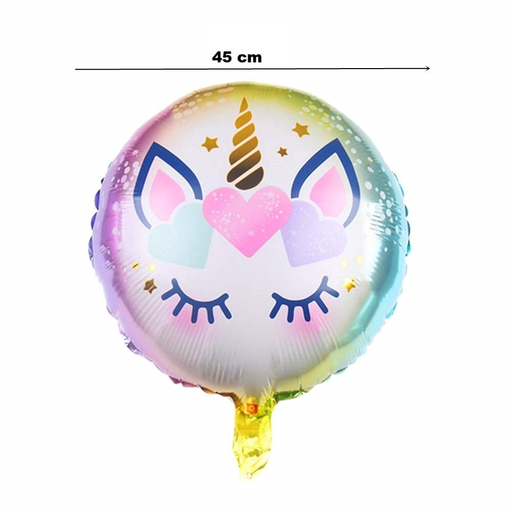 Balon din Folie Metalizata Happy Birthday, Model Unicorn Rotund, Tematica Aniversare, Umflare Aer sau Heliu, Pai Inclus, 45 cm, Multicolor