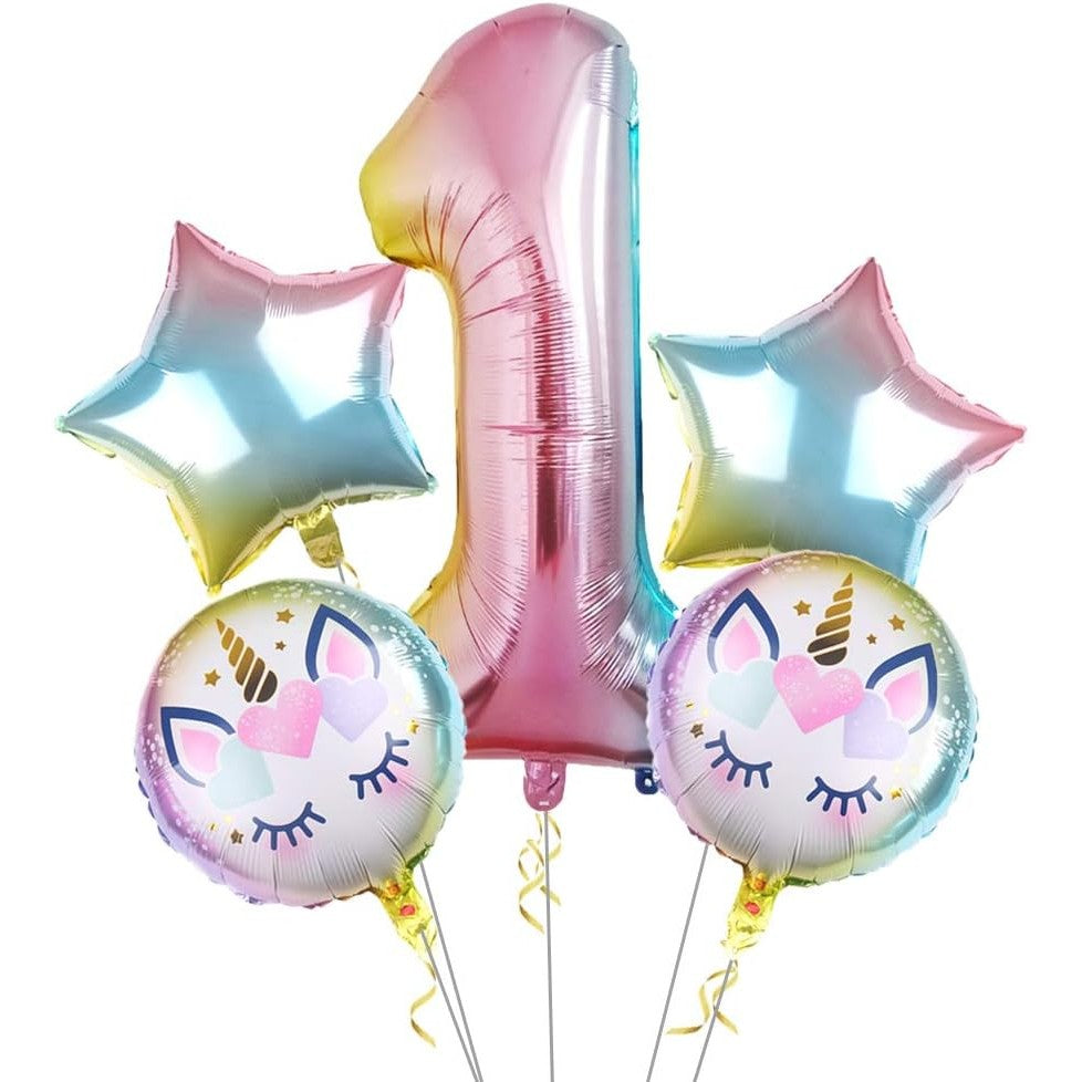 Balon din Folie Metalizata Happy Birthday, Model Unicorn Rotund, Tematica Aniversare, Umflare Aer sau Heliu, Pai Inclus, 45 cm, Multicolor