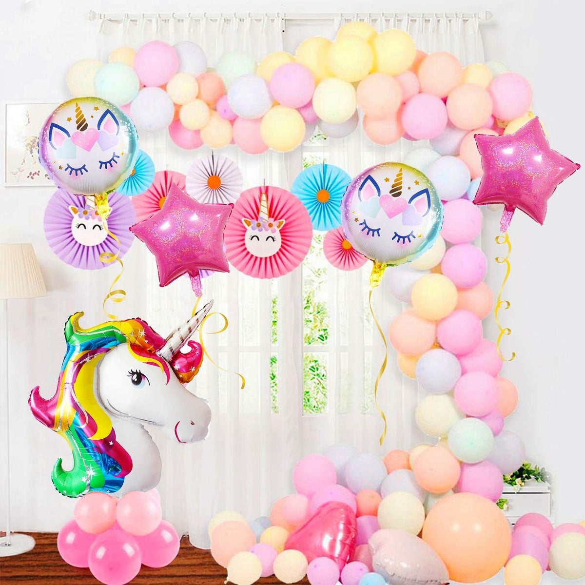 Balon din Folie Metalizata Happy Birthday, Model Unicorn Rotund, Tematica Aniversare, Umflare Aer sau Heliu, Pai Inclus, 45 cm, Multicolor