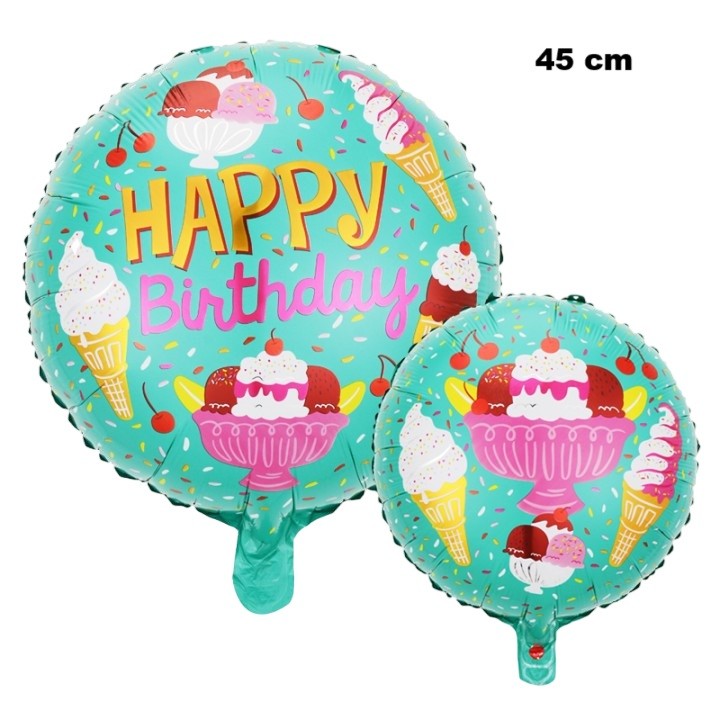 Balon Aniversar Happy Birthday, Model Rotund cu Inghetata, Folie Metalizata, Umflare cu Aer sau Heliu, include Pai de Umflat, 45 cm, Verde