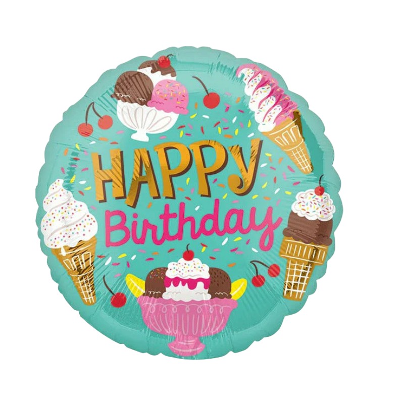 Balon Aniversar Happy Birthday, Model Rotund cu Inghetata, Folie Metalizata, Umflare cu Aer sau Heliu, include Pai de Umflat, 45 cm, Verde