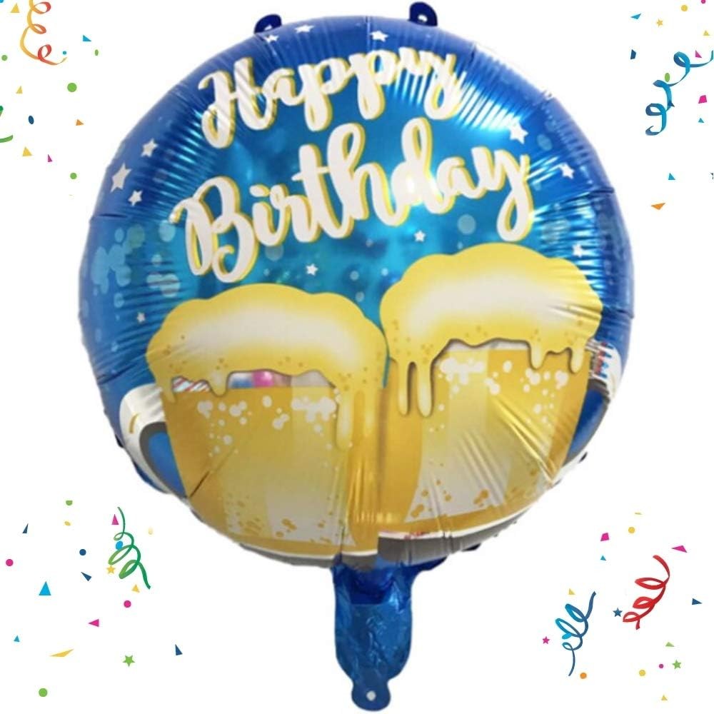 Balon Aniversar din Folie Metalizata, Model Halbe de Bere, Happy Birthday, Forma Rotunda, Compatibil Aer sau Heliu, include Pai Umflare, 45 cm, Albastru