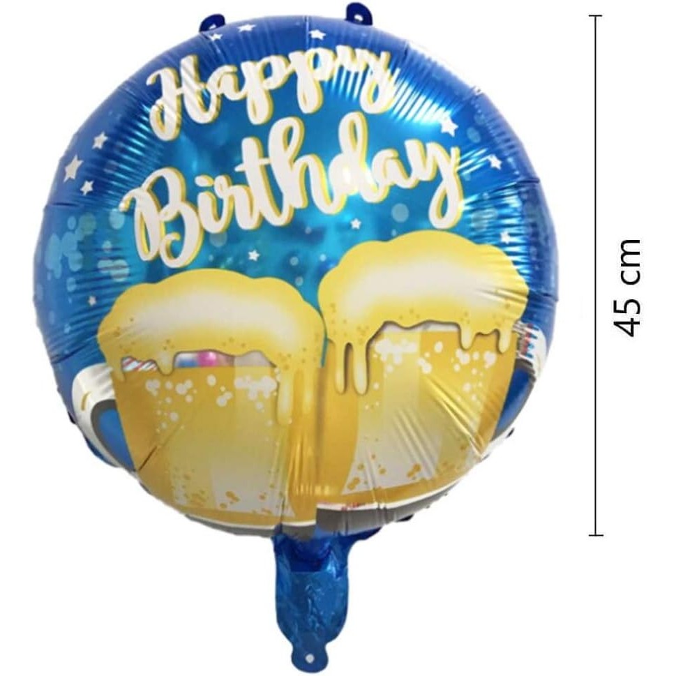 Balon Aniversar din Folie Metalizata, Model Halbe de Bere, Happy Birthday, Forma Rotunda, Compatibil Aer sau Heliu, include Pai Umflare, 45 cm, Albastru