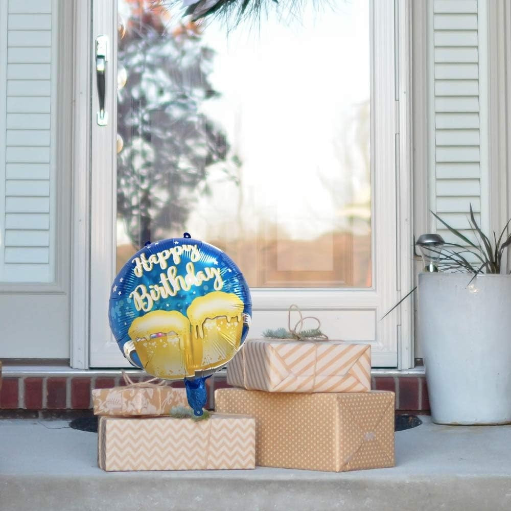 Balon Aniversar din Folie Metalizata, Model Halbe de Bere, Happy Birthday, Forma Rotunda, Compatibil Aer sau Heliu, include Pai Umflare, 45 cm, Albastru