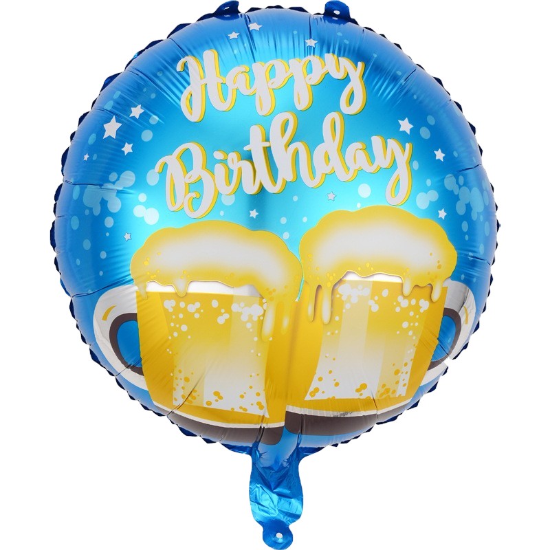 Balon Aniversar din Folie Metalizata, Model Halbe de Bere, Happy Birthday, Forma Rotunda, Compatibil Aer sau Heliu, include Pai Umflare, 45 cm, Albastru