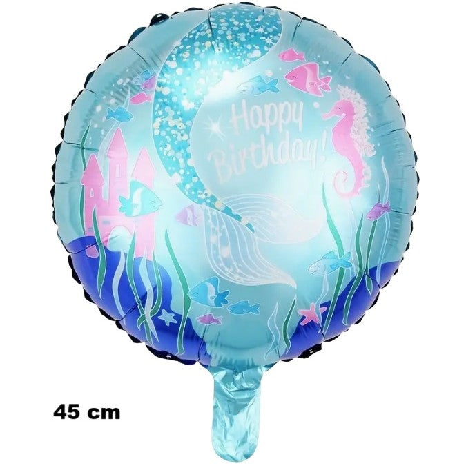 Balon Aniversar Happy Birthday, Model Căluți de Mare, Figurina Rotundă din Folie Metalizată, Umflare Aer sau Heliu, Diametru 45 cm, Pai Inclus, Multicolor