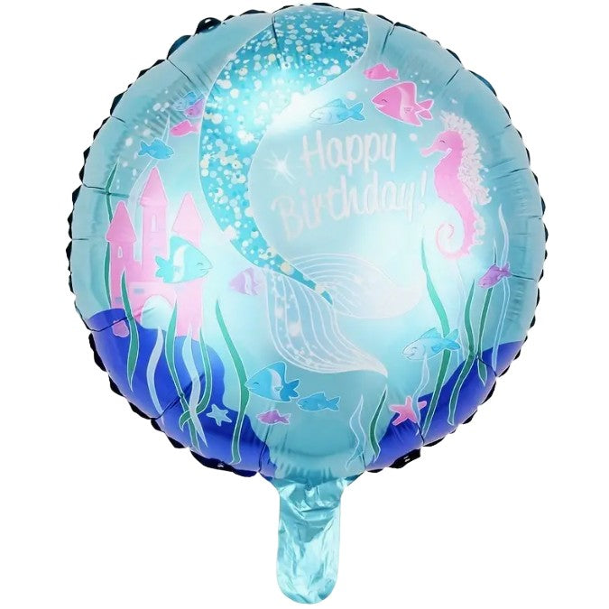 Balon Aniversar Happy Birthday, Model Căluți de Mare, Figurina Rotundă din Folie Metalizată, Umflare Aer sau Heliu, Diametru 45 cm, Pai Inclus, Multicolor
