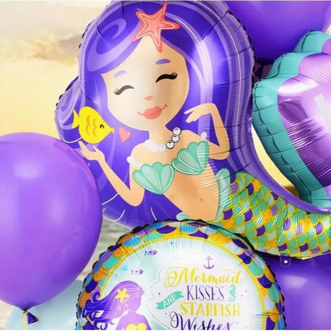 Balon Folie Metalizata Sirena Cu Par Mov, Mini Figurina Tematica Aniversare, Model Multicolor, Umflare Aer Sau Heliu, Include Pai, 39x37 cm