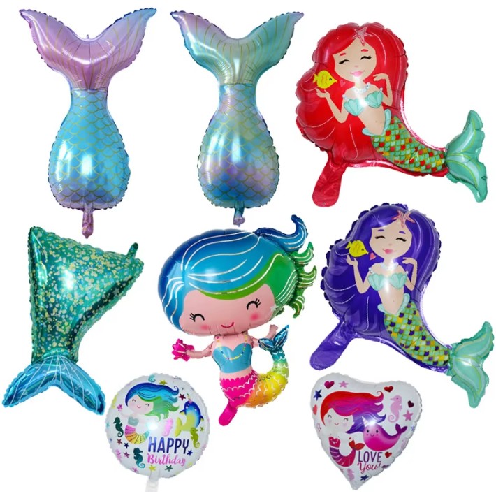 Balon Folie Metalizata Sirena Cu Par Mov, Mini Figurina Tematica Aniversare, Model Multicolor, Umflare Aer Sau Heliu, Include Pai, 39x37 cm