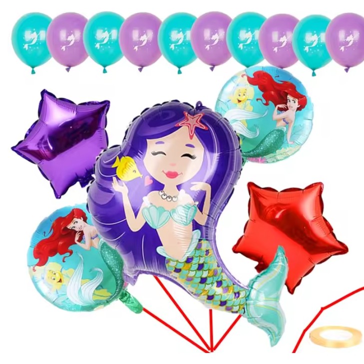 Balon Folie Metalizata Sirena Cu Par Mov, Mini Figurina Tematica Aniversare, Model Multicolor, Umflare Aer Sau Heliu, Include Pai, 39x37 cm