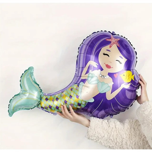Balon Folie Metalizata Sirena Cu Par Mov, Mini Figurina Tematica Aniversare, Model Multicolor, Umflare Aer Sau Heliu, Include Pai, 39x37 cm