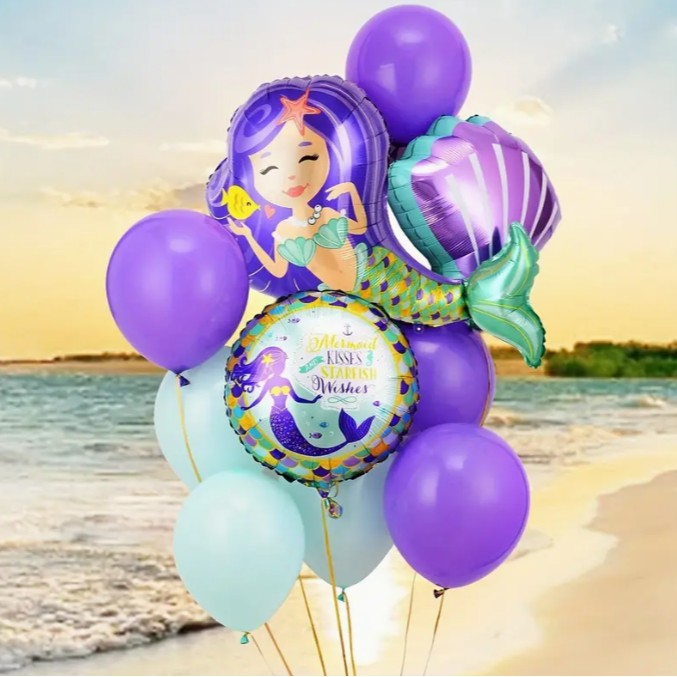 Balon Folie Metalizata Sirena Cu Par Mov, Mini Figurina Tematica Aniversare, Model Multicolor, Umflare Aer Sau Heliu, Include Pai, 39x37 cm