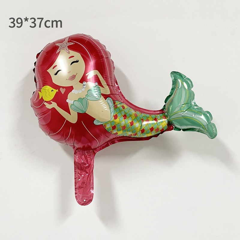 Balon din Folie Metalizata, Figurina Mini Sirena cu Par Rosu, Tematica Aniversare Party, Umflare Aer sau Heliu, include Pai, 39x37 cm, Multicolor