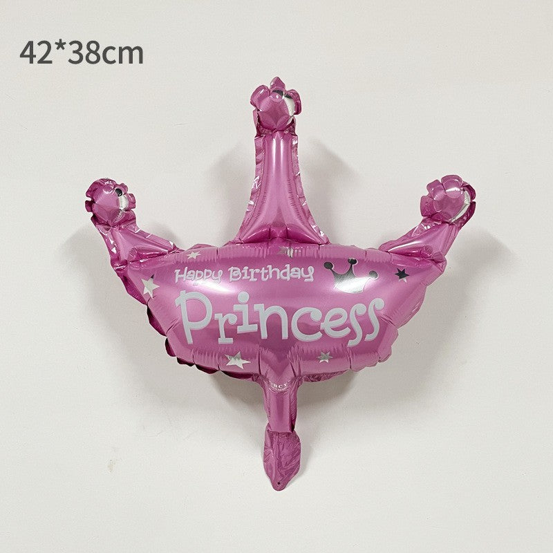 Balon Aniversar din Folie Metalizata, Model Mini Figurina Coroana de Printesa, Decor Petrecere Copii, Umflare cu Aer sau Heliu, Roz, 42x38 cm