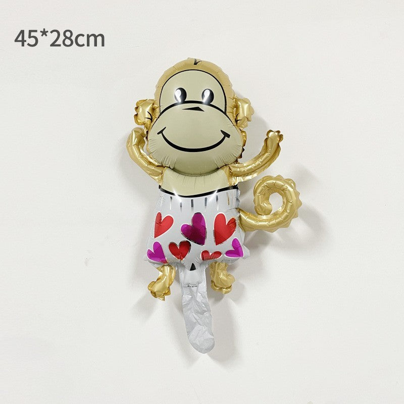 Balon din Folie Metalizată, Mini Figurină Animăluțe Model Maimuțică, Tematică Aniversare, Umflare Aer sau Heliu, Pai Inclus, Multicolor, 45x28 cm