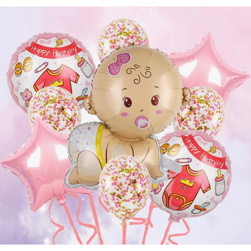 Balon din Folie Metalizata, Figurina Bebelus Fetita, Decoratiuni Gender Reveal si Baby Shower, Set cu Pai Inclus, Umflare Aer sau Heliu, Multicolor, 45x25 cm