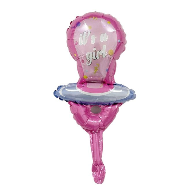 Balon din Folie Metalizata Model Suzeta, Mini Figurina Petrecere Gender Reveal si Botez, Umflare Aer sau Heliu, include Pai, 23x50 cm, Roz