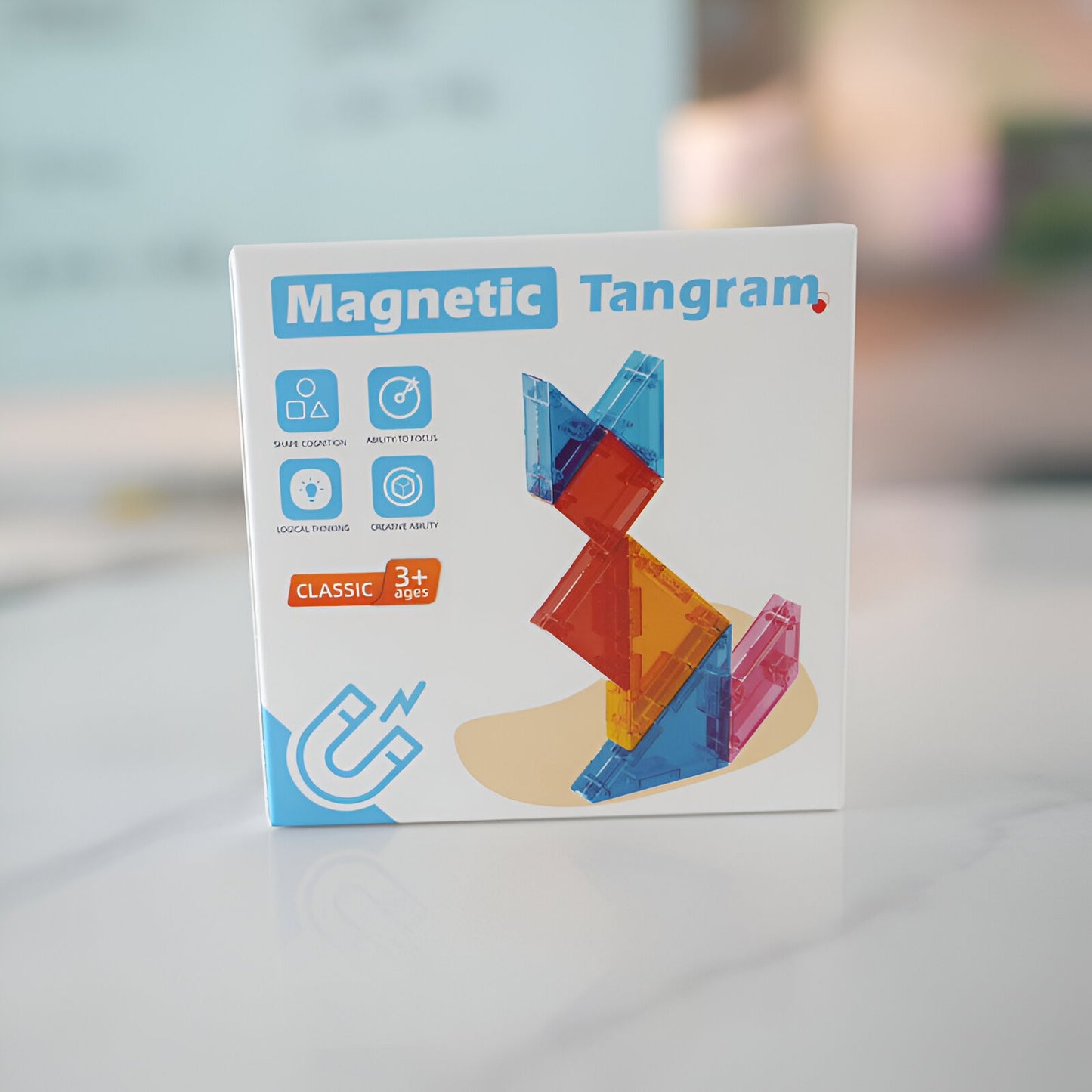 Joc Magnetic Tangram, Puzzle Educational pentru Dezvoltarea Gandirii Logice si Matematice, 7 Piese Geometrice, Material EVA si ABS, 3 Ani+, Multicolor, 10.5 x 10.5 x 2.2 cm