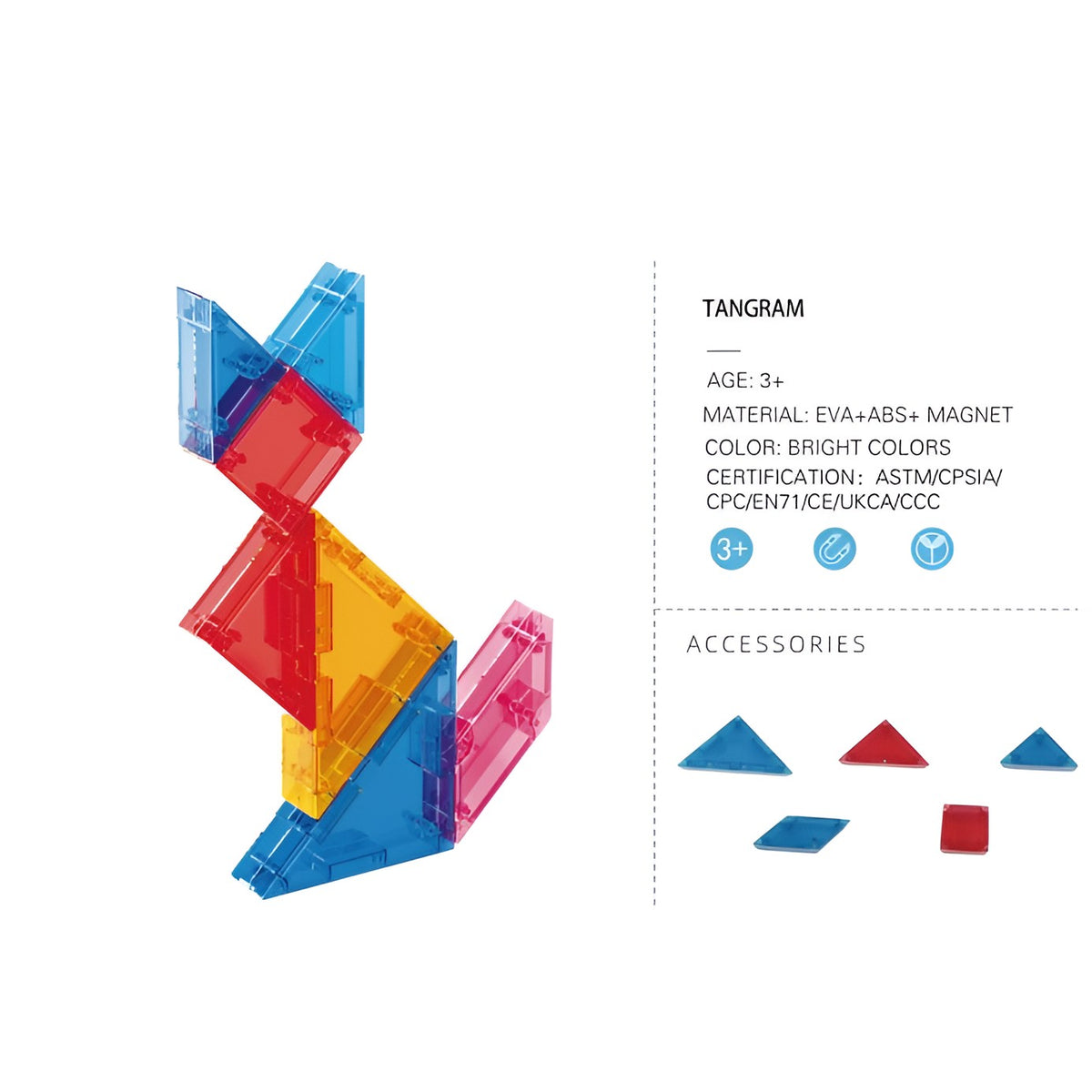 Joc Magnetic Tangram, Puzzle Educational pentru Dezvoltarea Gandirii Logice si Matematice, 7 Piese Geometrice, Material EVA si ABS, 3 Ani+, Multicolor, 10.5 x 10.5 x 2.2 cm