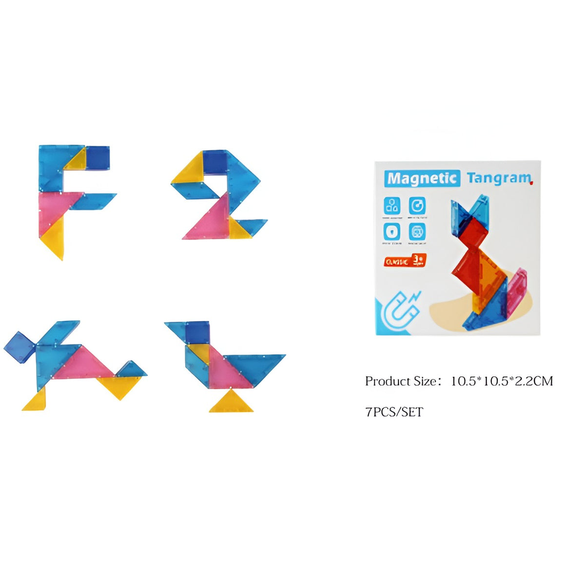 Joc Magnetic Tangram, Puzzle Educational pentru Dezvoltarea Gandirii Logice si Matematice, 7 Piese Geometrice, Material EVA si ABS, 3 Ani+, Multicolor, 10.5 x 10.5 x 2.2 cm