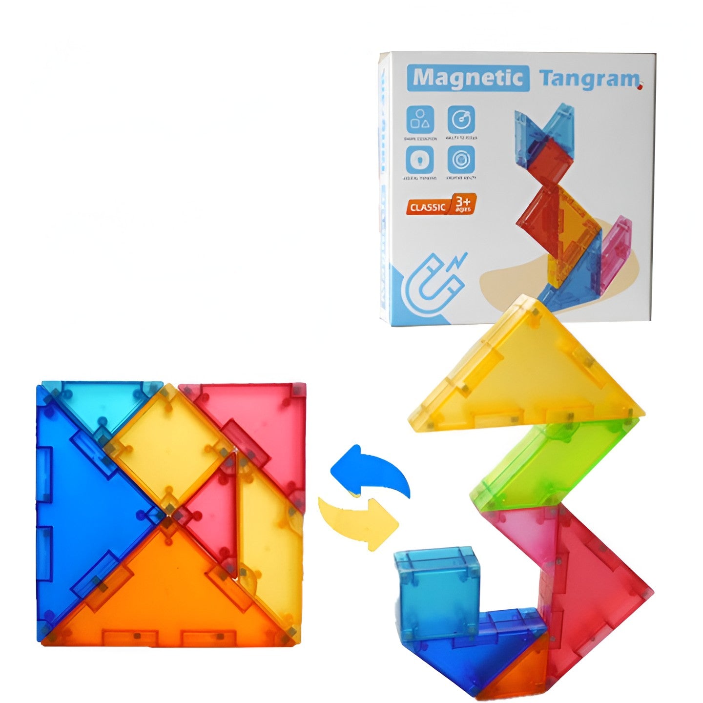 Joc Magnetic Tangram, Puzzle Educational pentru Dezvoltarea Gandirii Logice si Matematice, 7 Piese Geometrice, Material EVA si ABS, 3 Ani+, Multicolor, 10.5 x 10.5 x 2.2 cm