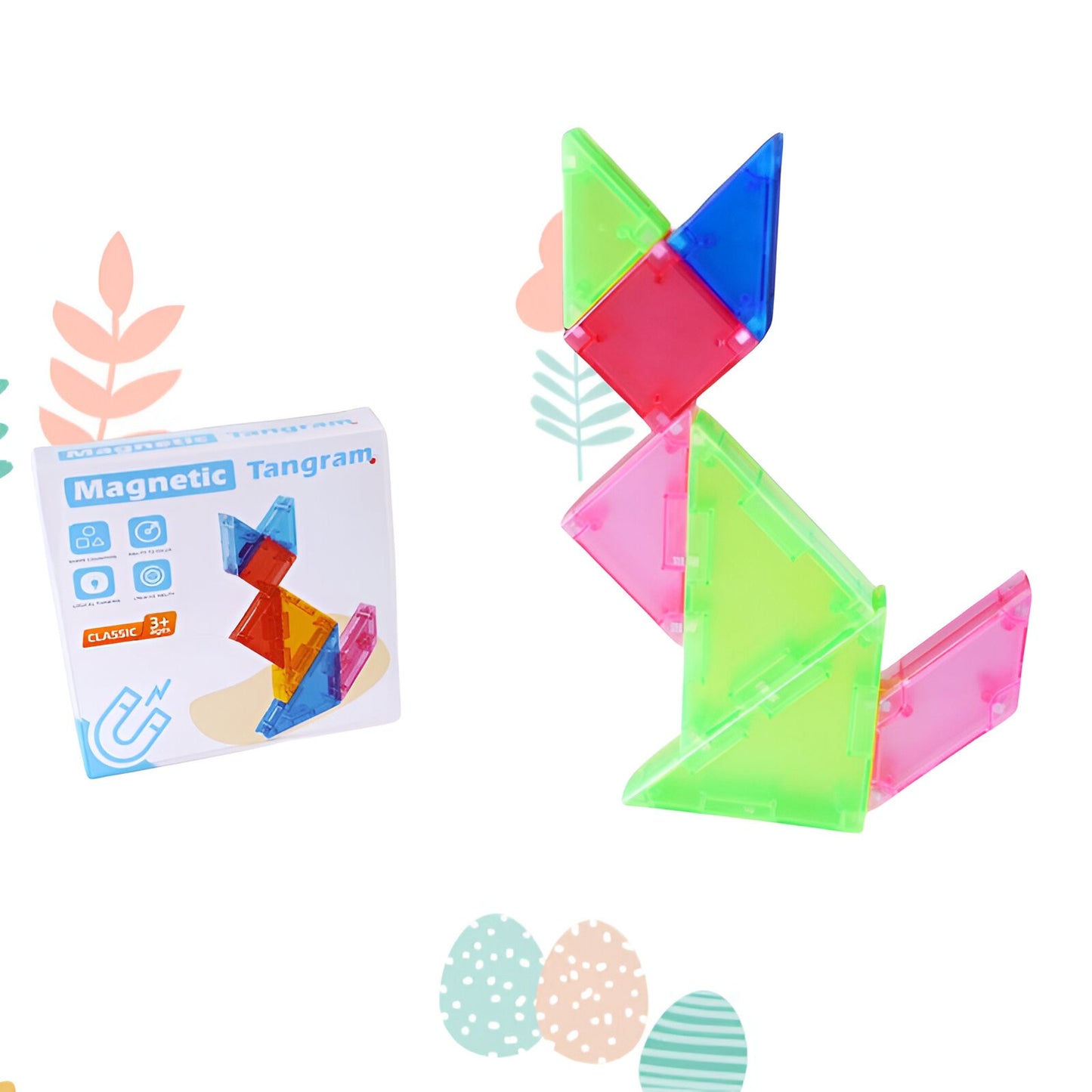 Joc Magnetic Tangram, Puzzle Educational pentru Dezvoltarea Gandirii Logice si Matematice, 7 Piese Geometrice, Material EVA si ABS, 3 Ani+, Multicolor, 10.5 x 10.5 x 2.2 cm