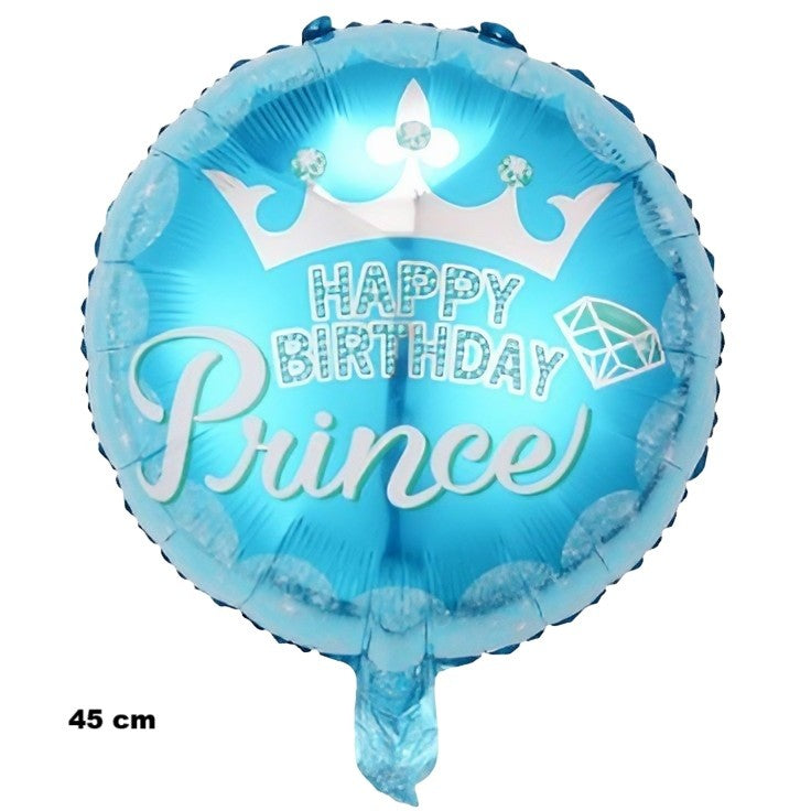 Balon Aniversar din Folie Metalizata, Model Prince Happy Birthday, Figurine Tematica Aniversare, Umflare Aer sau Heliu, include Pai, 45 cm, Multicolor