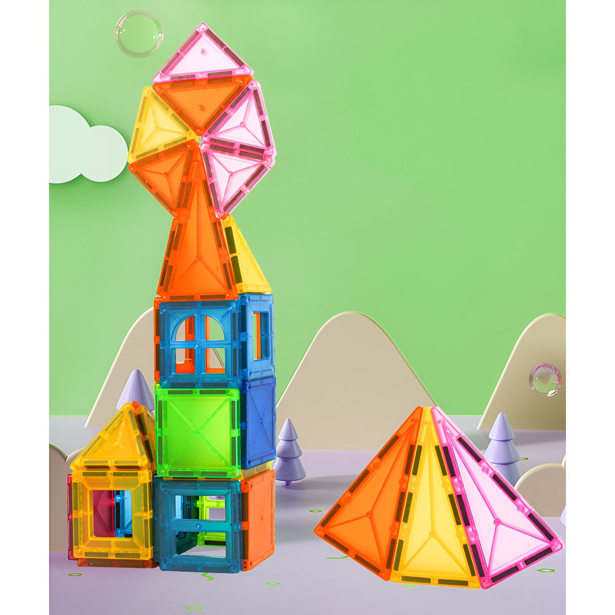 Set de Constructie Magnetic, Joc Educational Magnetic Tiles si Puzzle 3D, Forme Geometrice pentru Stimularea Creativitatii, Material ABS Non-Toxic, 32 Piese, 5.5 cm, Multicolor
