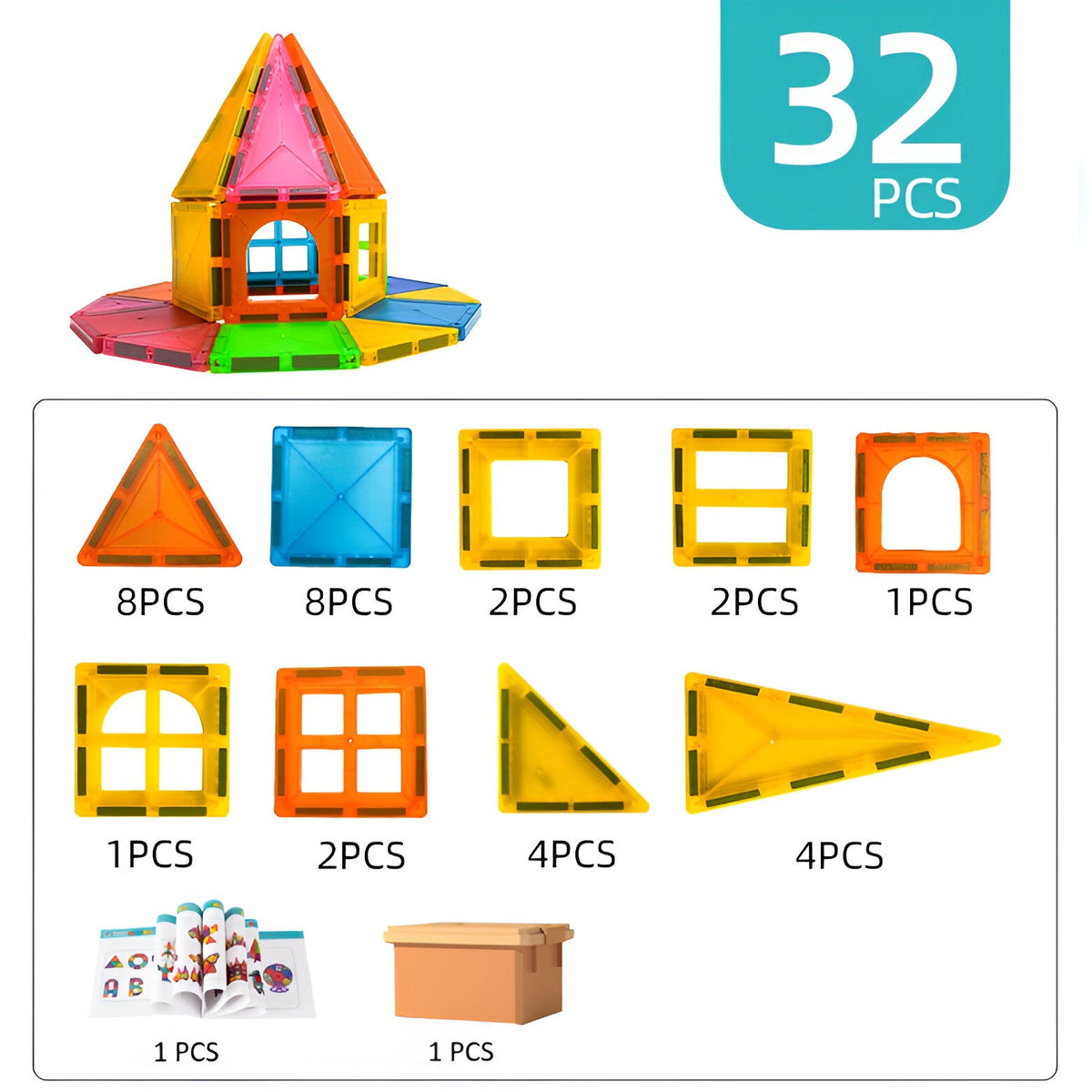 Set de Constructie Magnetic, Joc Educational Magnetic Tiles si Puzzle 3D, Forme Geometrice pentru Stimularea Creativitatii, Material ABS Non-Toxic, 32 Piese, 5.5 cm, Multicolor