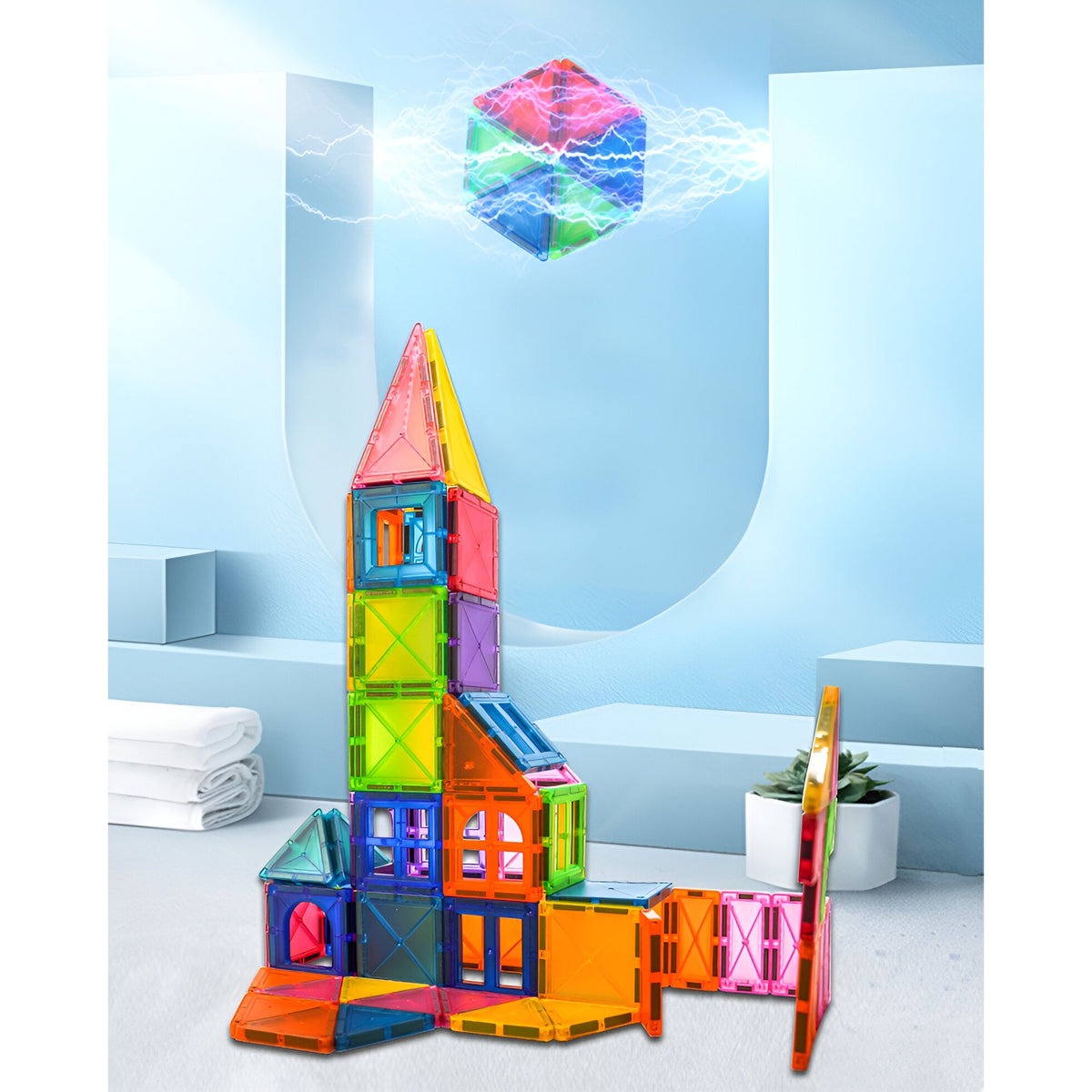 Set de Constructie Magnetic, Joc Educational Magnetic Tiles si Puzzle 3D, Forme Geometrice pentru Stimularea Creativitatii, Material ABS Non-Toxic, 32 Piese, 5.5 cm, Multicolor