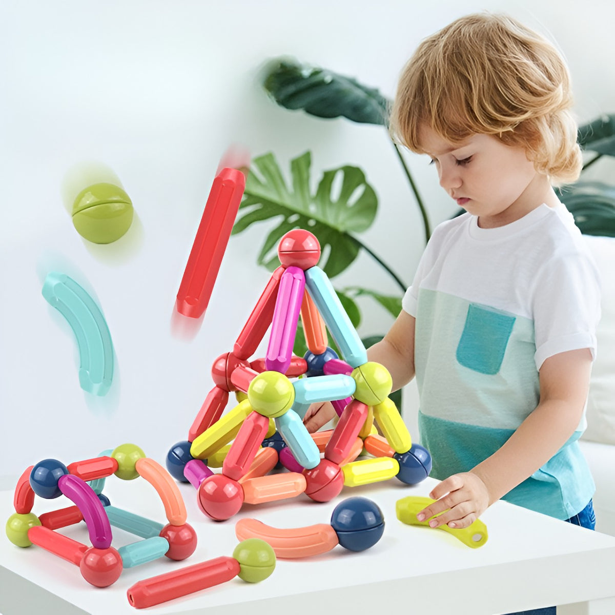 Set Constructie Magnetica 100 Piese, Joc Educativ cu Bastonase si Bile Magnetice, Puzzle 3D STEM pentru Dezvoltarea Creativitatii, Material ABS Non-Toxic, Multicolor