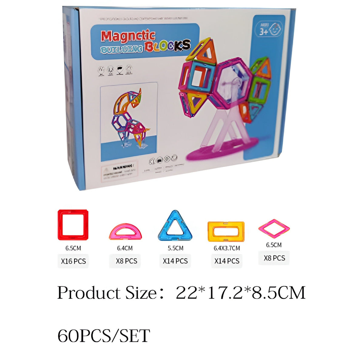 Set Constructie Magnetica, Joc Educational Puzzle 3D, Forme Geometrice pentru Dezvoltare Cognitiva, Plastic ABS Non-Toxic, 60 Piese, Multicolor