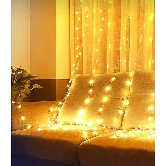 Instalatie de Craciun Tip Perdea, 200 LED-uri cu Telecomanda si Senzor Muzical, Alimentare Baterii, 8 Moduri Iluminare, Fir Transparent, 2 x 2 m, Alb Cald
