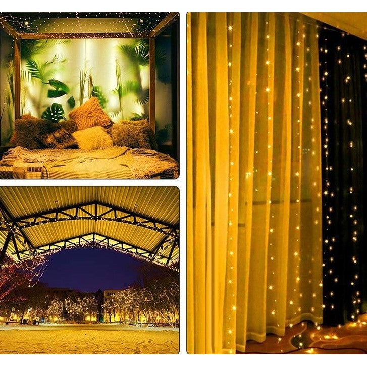 Instalatie de Craciun Tip Perdea, 200 LED-uri cu Telecomanda si Senzor Muzical, Alimentare Baterii, 8 Moduri Iluminare, Fir Transparent, 2 x 2 m, Alb Cald