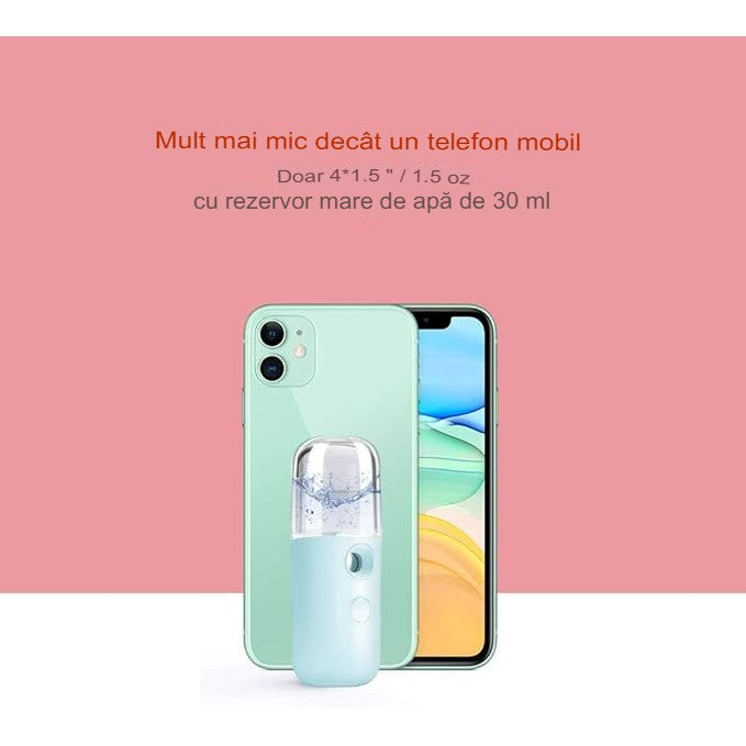 Spray de Hidratare Facială cu Tehnologie Nano, Mini Pulverizator Portabil cu Abur Rece, Reîncărcabil USB, Rezervor 30 mL, Albastru