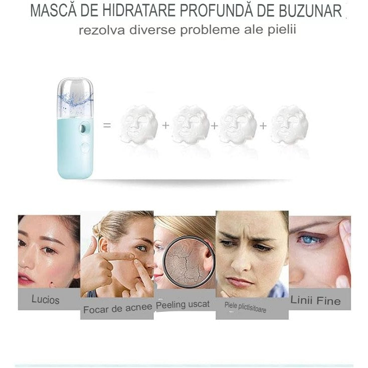 Spray de Hidratare Facială cu Tehnologie Nano, Mini Pulverizator Portabil cu Abur Rece, Reîncărcabil USB, Rezervor 30 mL, Albastru