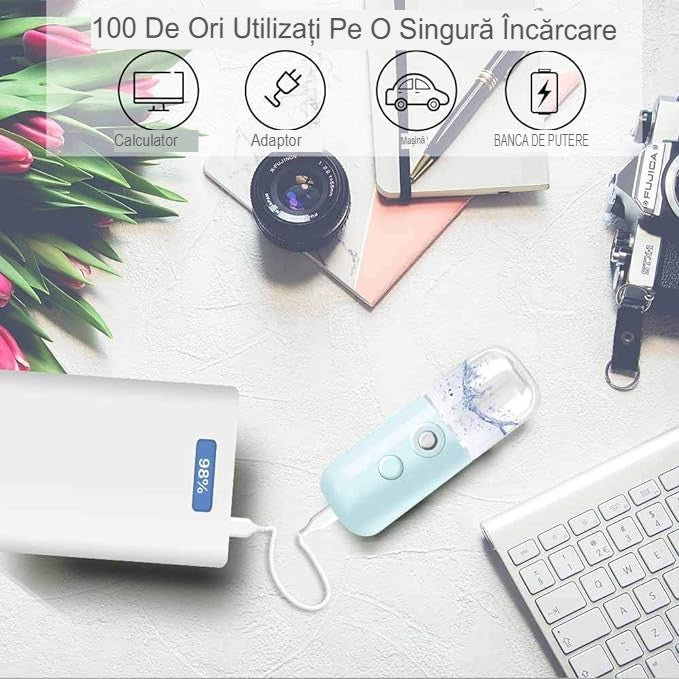 Spray de Hidratare Facială cu Tehnologie Nano, Mini Pulverizator Portabil cu Abur Rece, Reîncărcabil USB, Rezervor 30 mL, Albastru