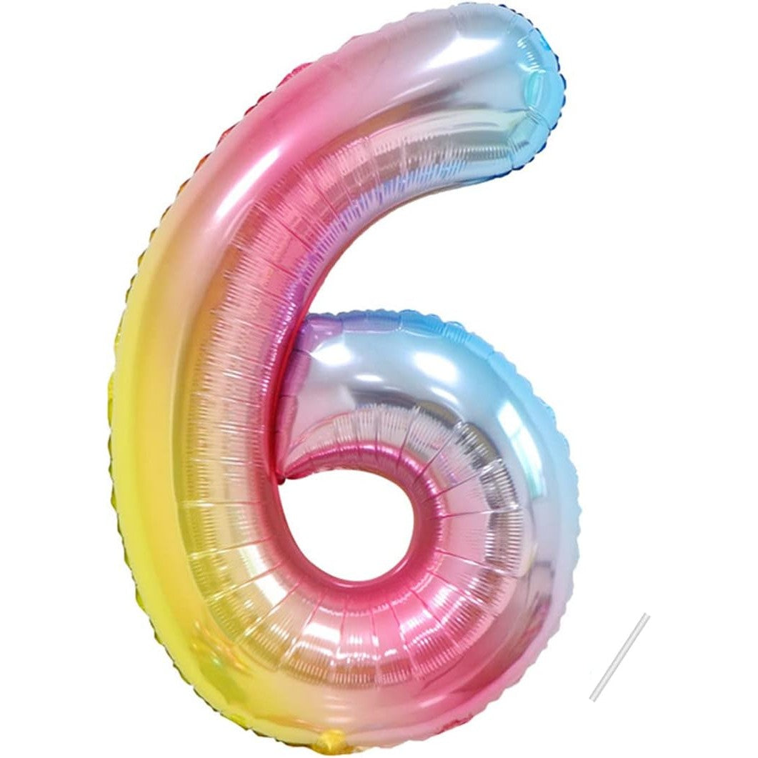 Balon Aniversar Cifra 6, Figurina Gigant 100 cm, Efect Metalizat Gradient, Folie Aluminiu, Umflare Aer sau Heliu, Multicolor