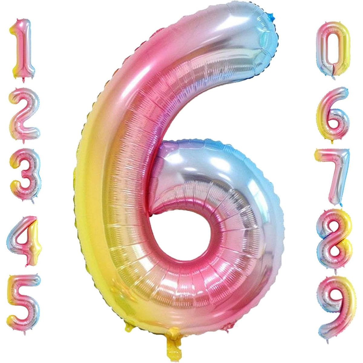 Balon Aniversar Cifra 6, Figurina Gigant 100 cm, Efect Metalizat Gradient, Folie Aluminiu, Umflare Aer sau Heliu, Multicolor